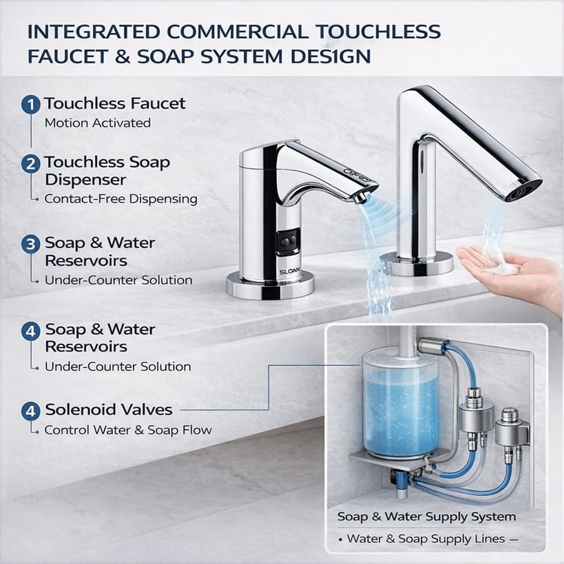 Integrated commercial touchless faucet and soap system design
