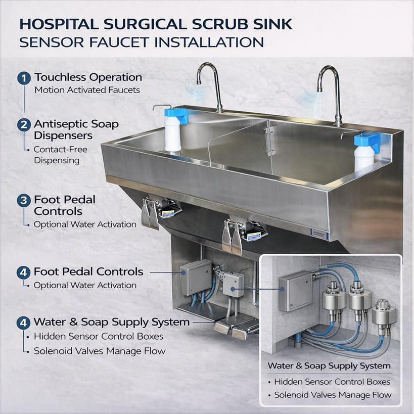 Hospital surgical scrub sink sensor faucet installation