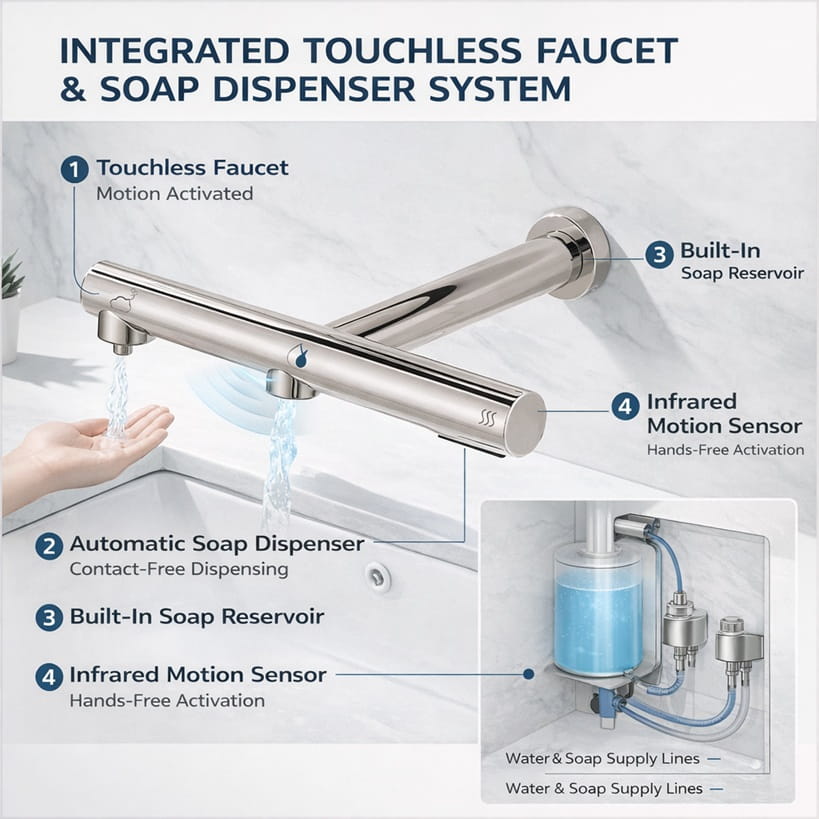 Integrated touchless faucet and soap dispenser system