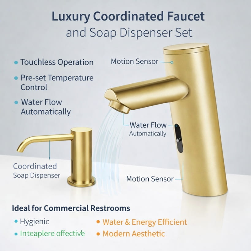Luxury coordinated faucet and soap dispenser set
