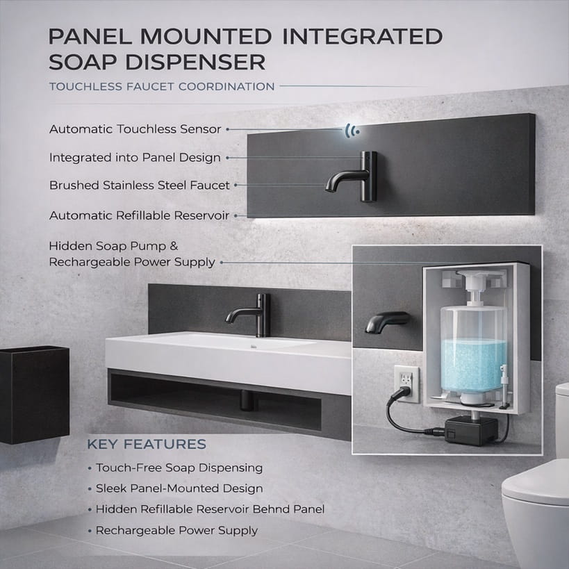 Panel mounted integrated soap dispenser