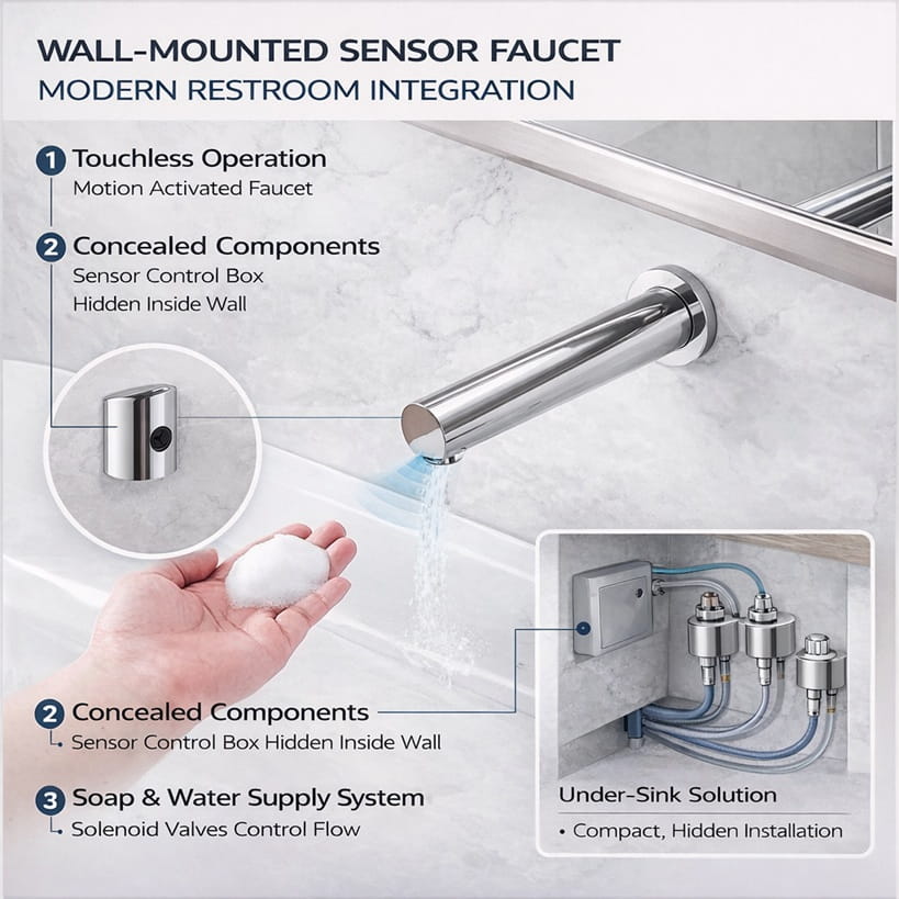 Wall mounted sensor faucet with modern restroom integration